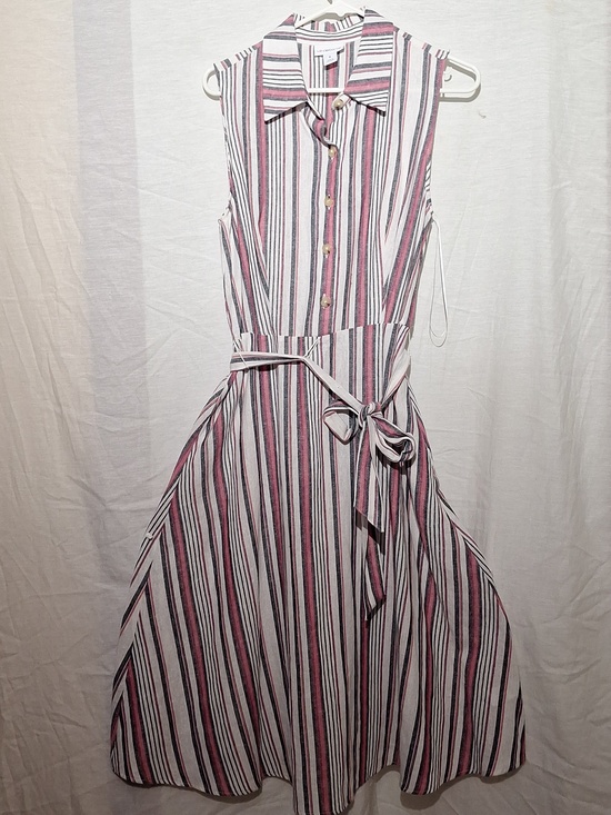 Liz Claiborne Dresses & Skirts - Linen Midi Dress, Striped, Sleeveless, Flared Skirting, Tie Belt, NWOT